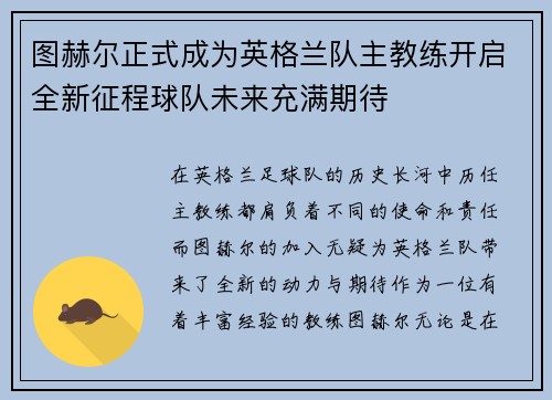 图赫尔正式成为英格兰队主教练开启全新征程球队未来充满期待
